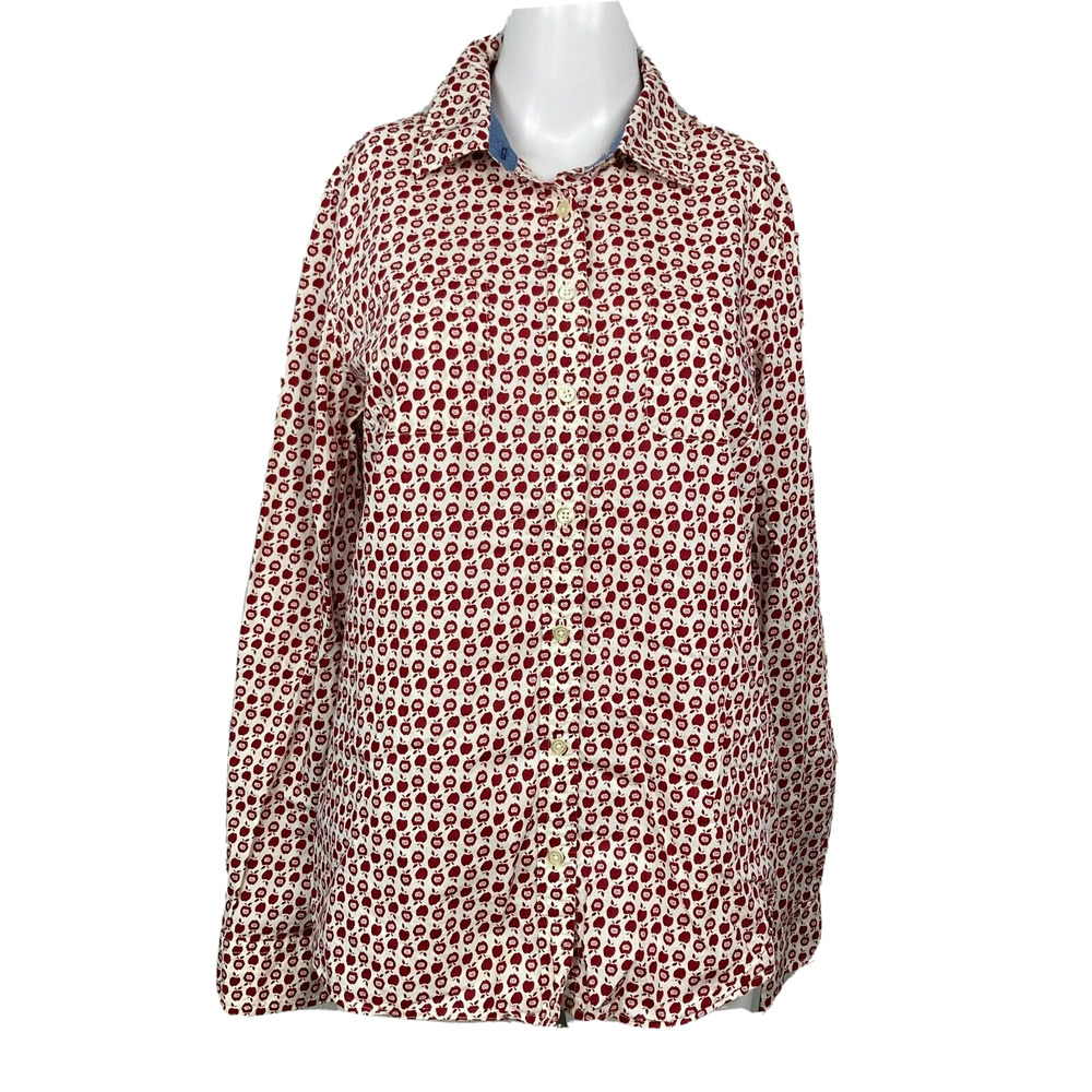 Talbots Shirt Womens Sz 10 Red White Cotton Apple Print Button Up Teacher